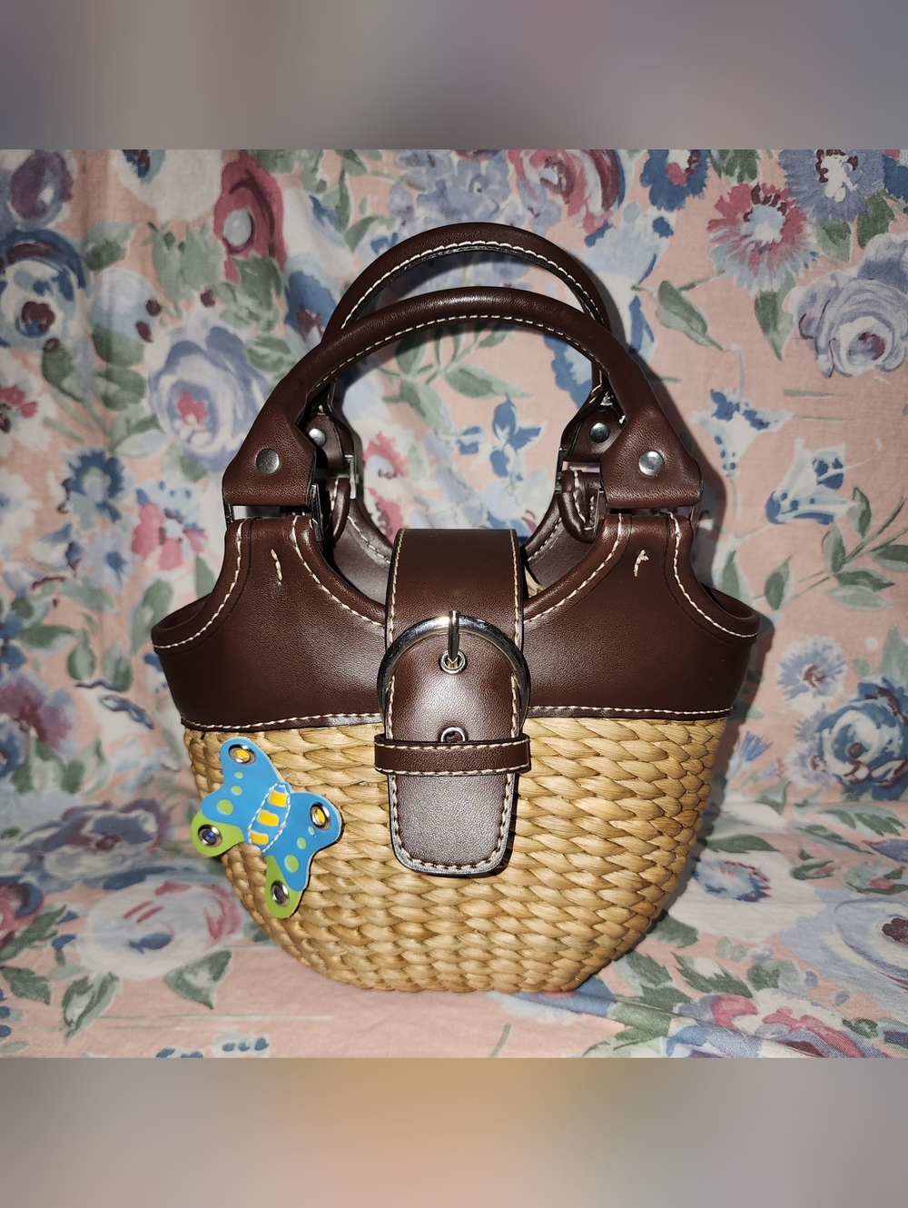 Brown Leather & Woven Straw Women’s Handbag Vintage Charlotte Russe Wicker Bag